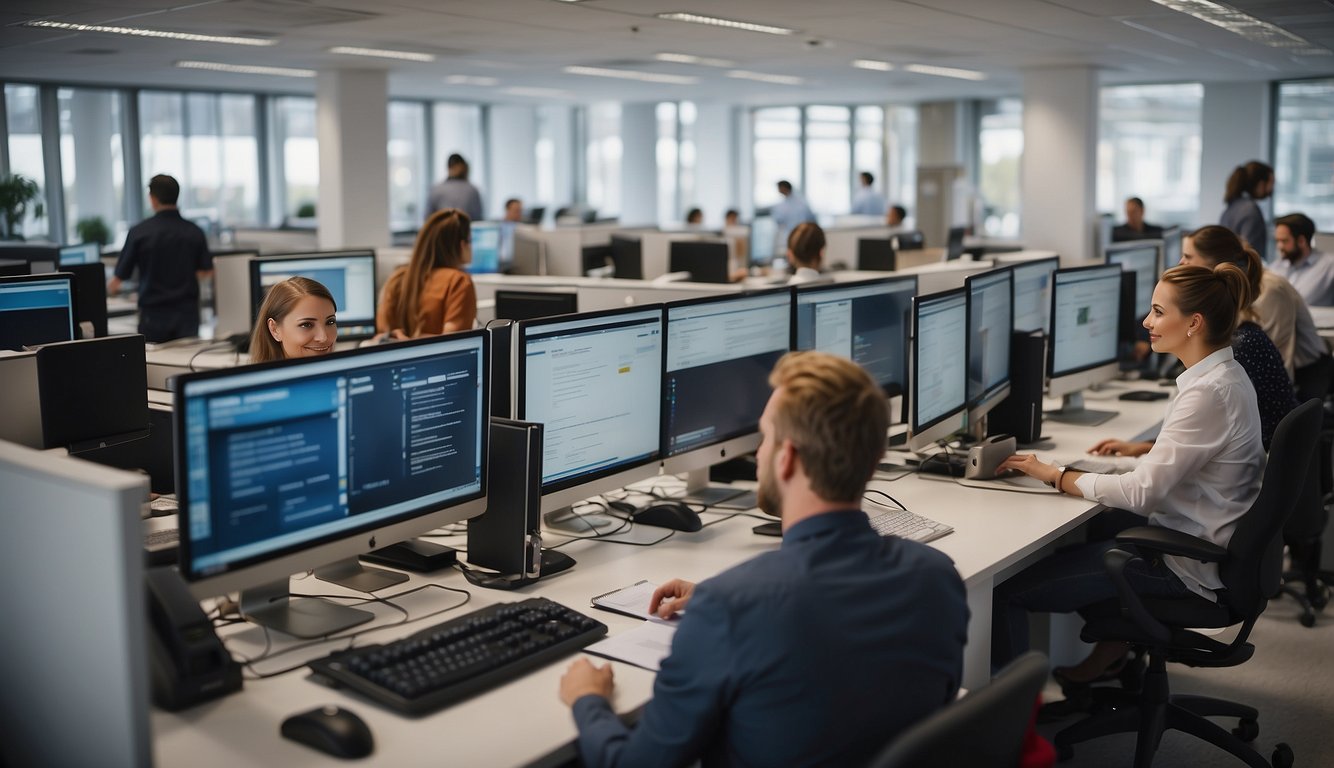 A bustling office with people seeking job opportunities at the Bundesagentur für Arbeit Arbeitsagentur. Signs and posters advertising various job openings cover the walls. Computer stations and desks are filled with individuals filling out applications and resumes