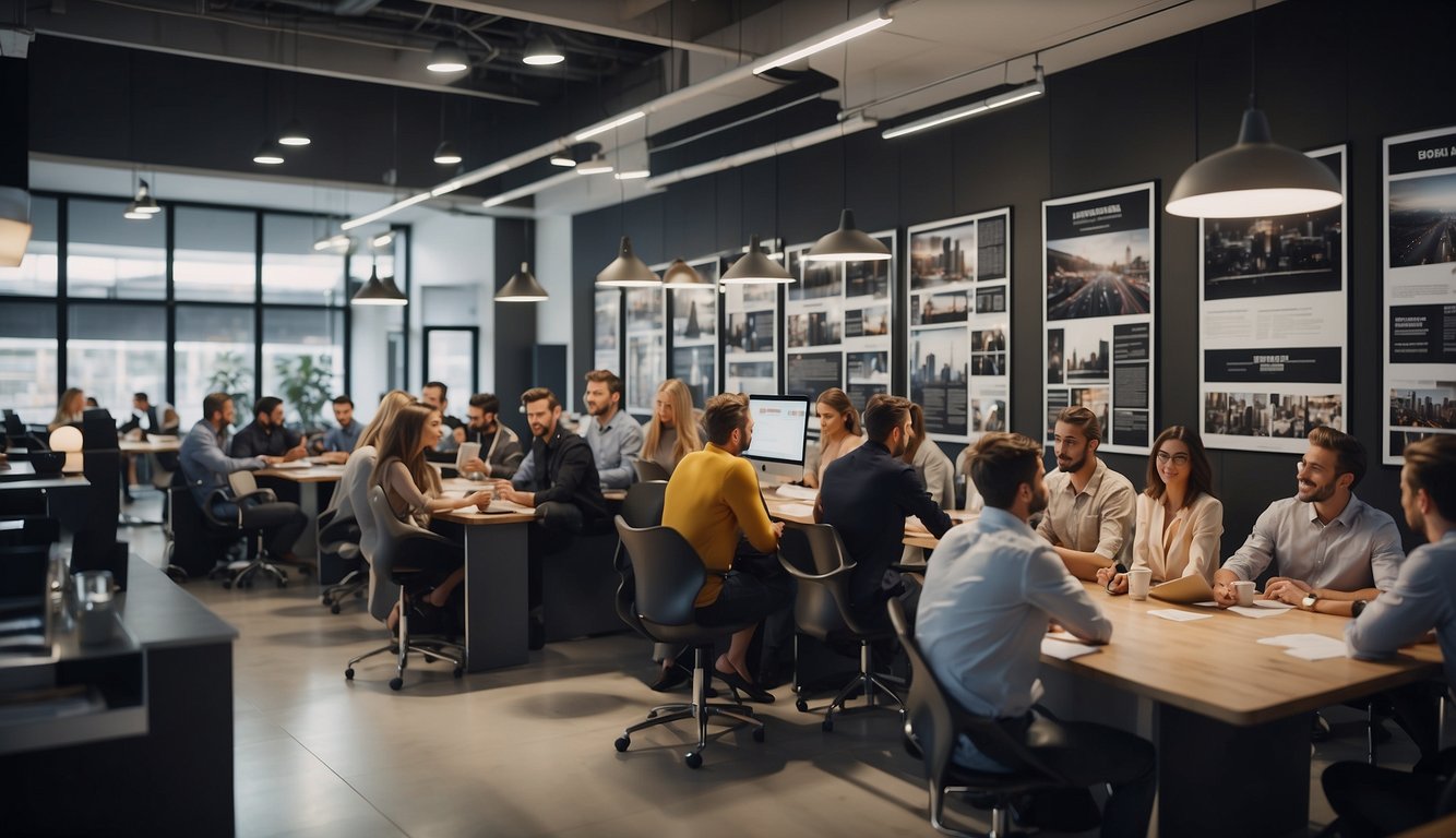A bustling job agency with people discussing qualifications and career options. Posters and flyers adorn the walls, showcasing various job opportunities