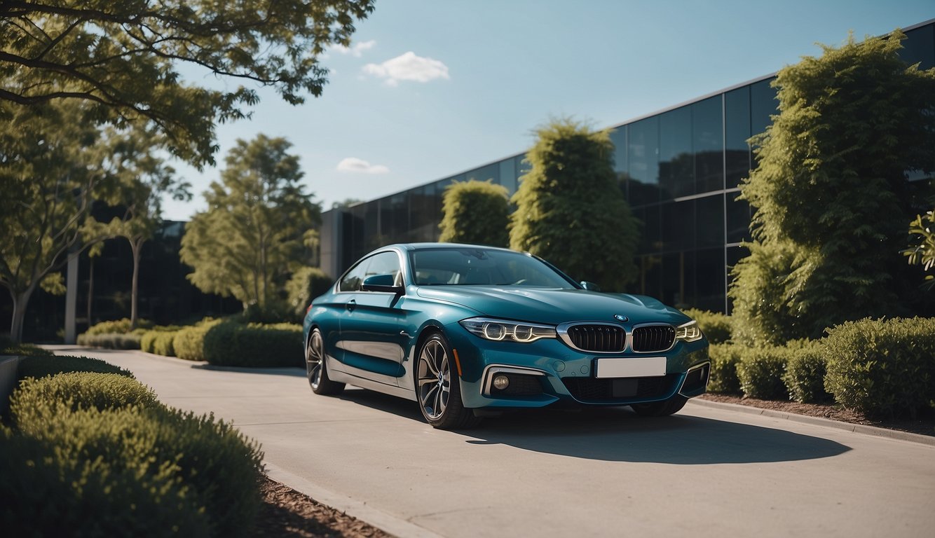 A sleek BMW parked in a modern office lot, surrounded by lush greenery and a clear blue sky