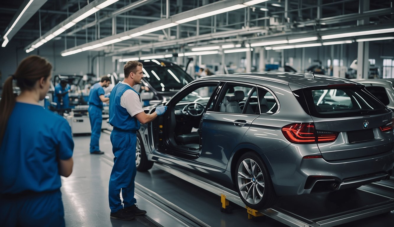 Employees working at BMW, assembling cars on the production line, surrounded by high-tech machinery and tools