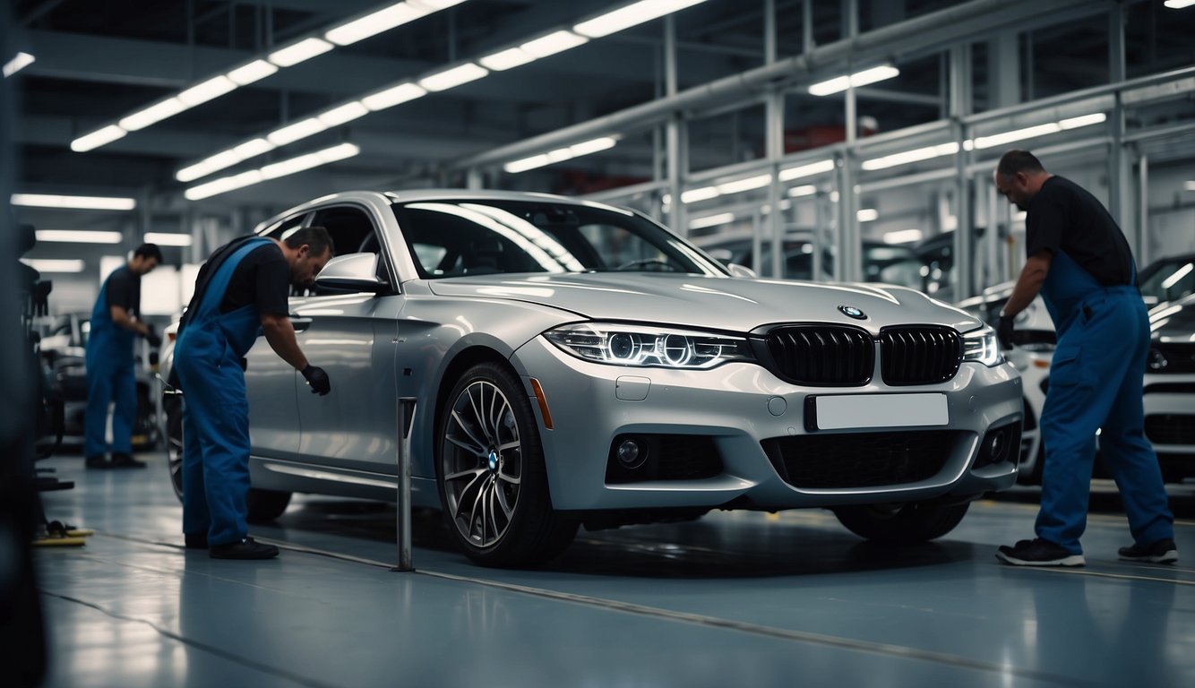 A BMW car being assembled in a factory, with workers carefully fitting the parts together