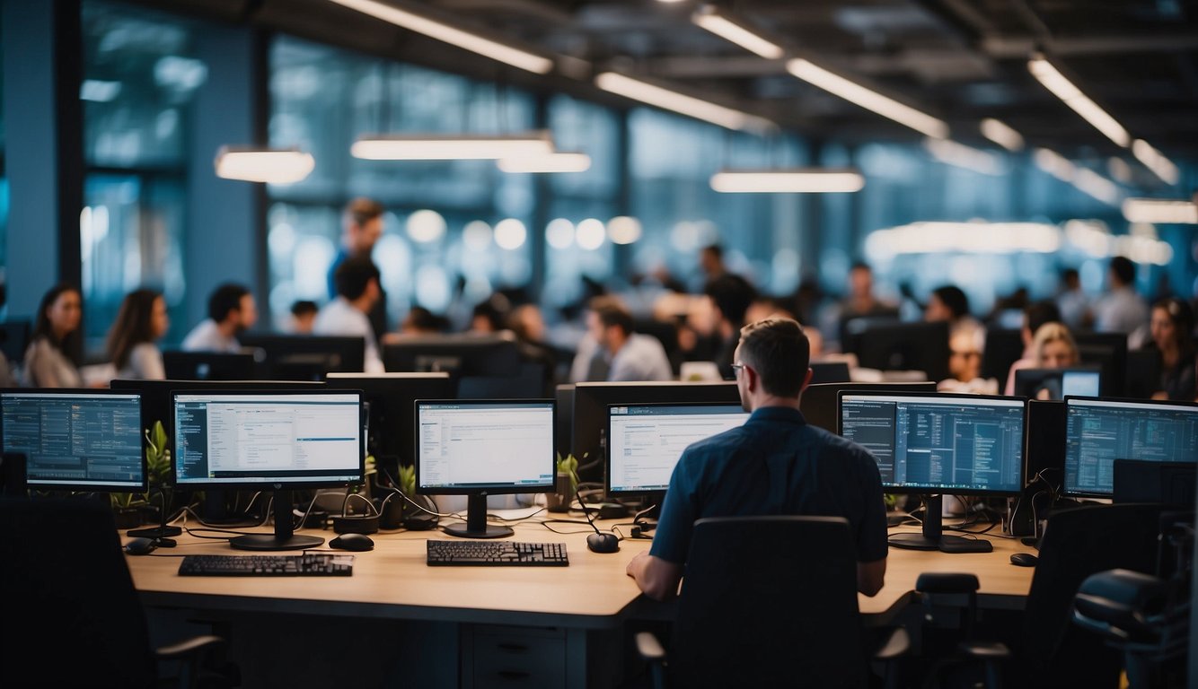 A bustling tech hub with job postings for software developers in various locations