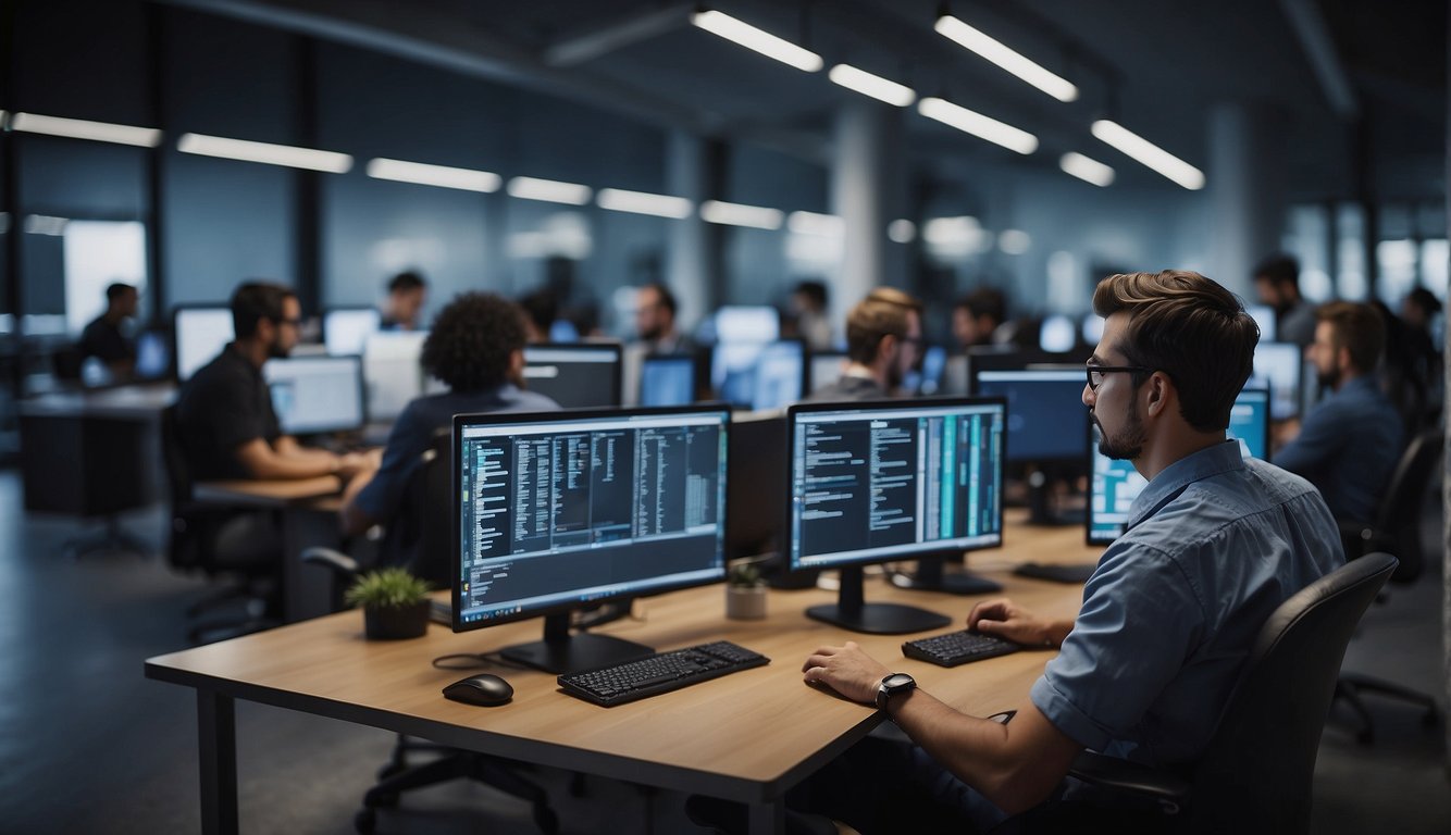 A group of software developers are shown on various career paths and specializations, representing the diverse job opportunities in the field