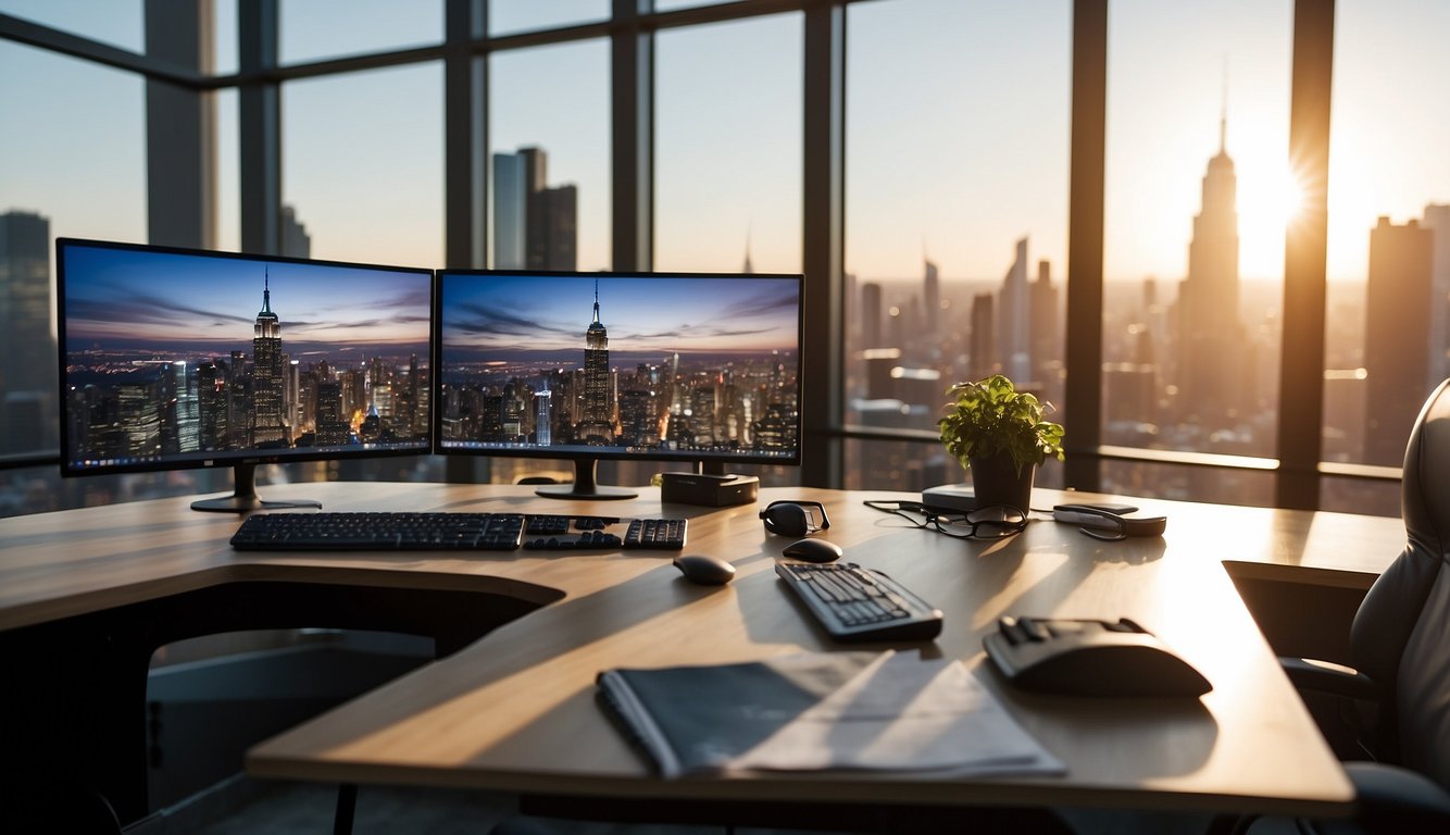 A modern office setting with a large desk, computer, and creative materials. Bright, natural lighting and a view of a city skyline through the window