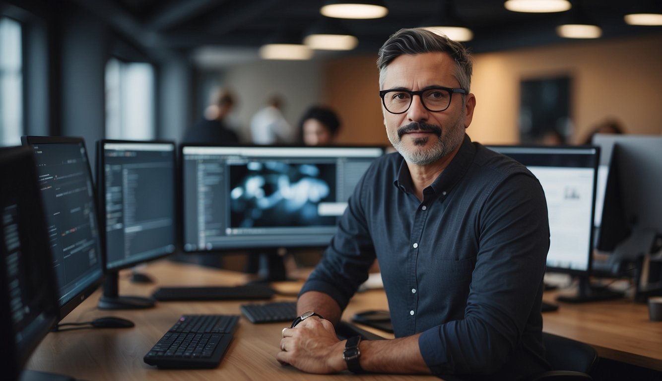 A Creative Director oversees a team in a modern office setting, surrounded by design materials and computer screens