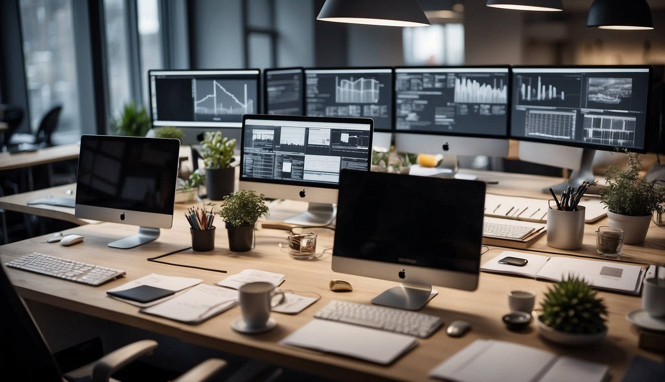 A bustling office with design sketches and computer screens, representing the creative director job market in Germany