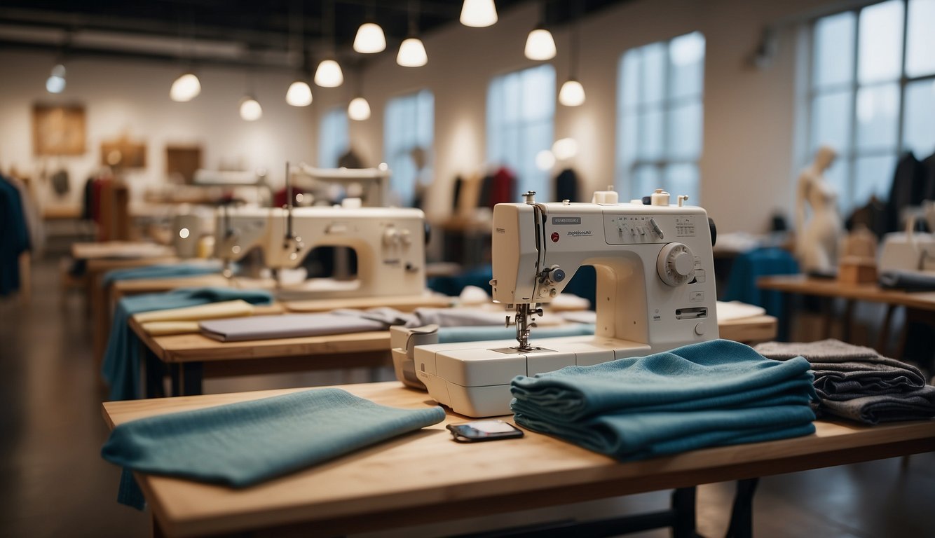 A bustling design studio with fabric swatches, sewing machines, and sketchbooks scattered on tables. Mannequins display finished garments while designers collaborate on new concepts