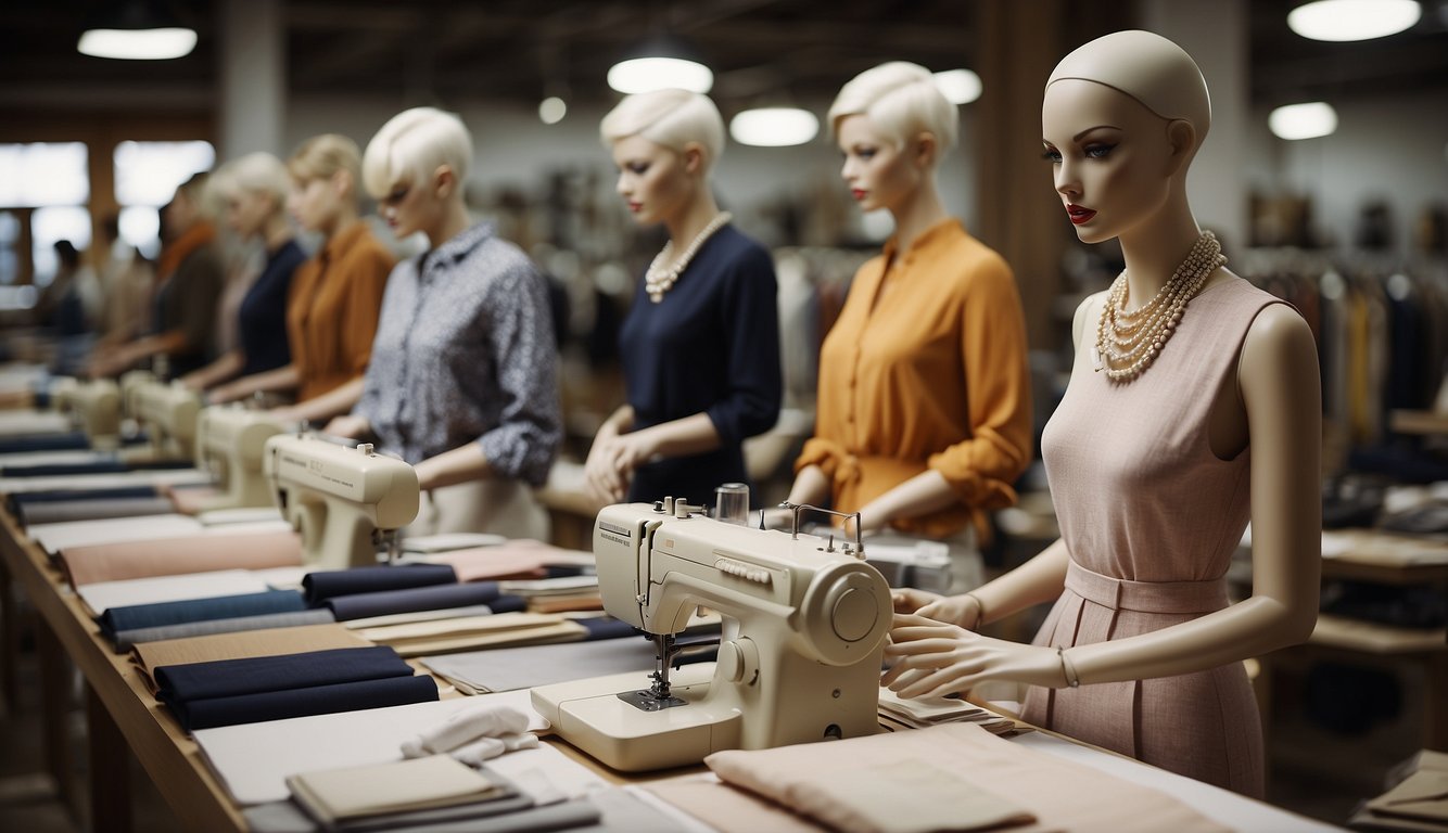 A bustling fashion studio with sketchbooks, fabric swatches, and sewing machines. Mannequins display elegant designs, while designers collaborate and sketch new concepts