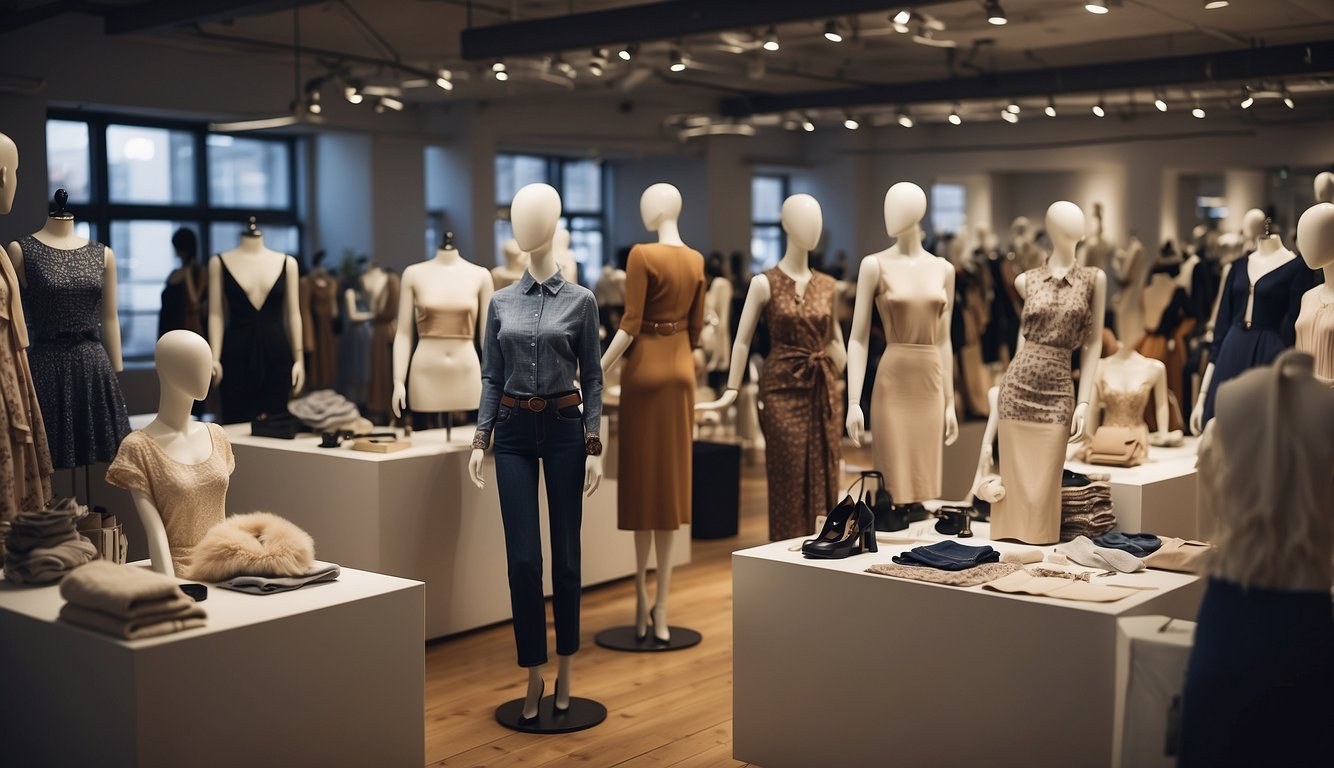A bustling fashion hub with designers at work, surrounded by sketches, fabric swatches, and sewing machines. Mannequins display the latest creations, while models strut the catwalk for fittings