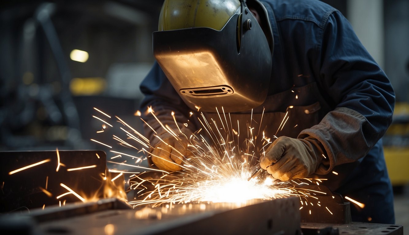 Sparks fly as a welder fuses metal pieces together in a bustling workshop, surrounded by heavy machinery and industrial tools