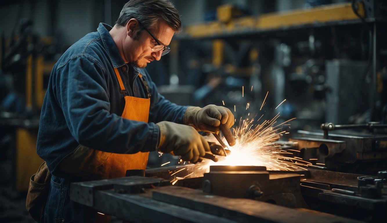 A metalworker shaping and welding metal pieces in a workshop, surrounded by tools and machinery