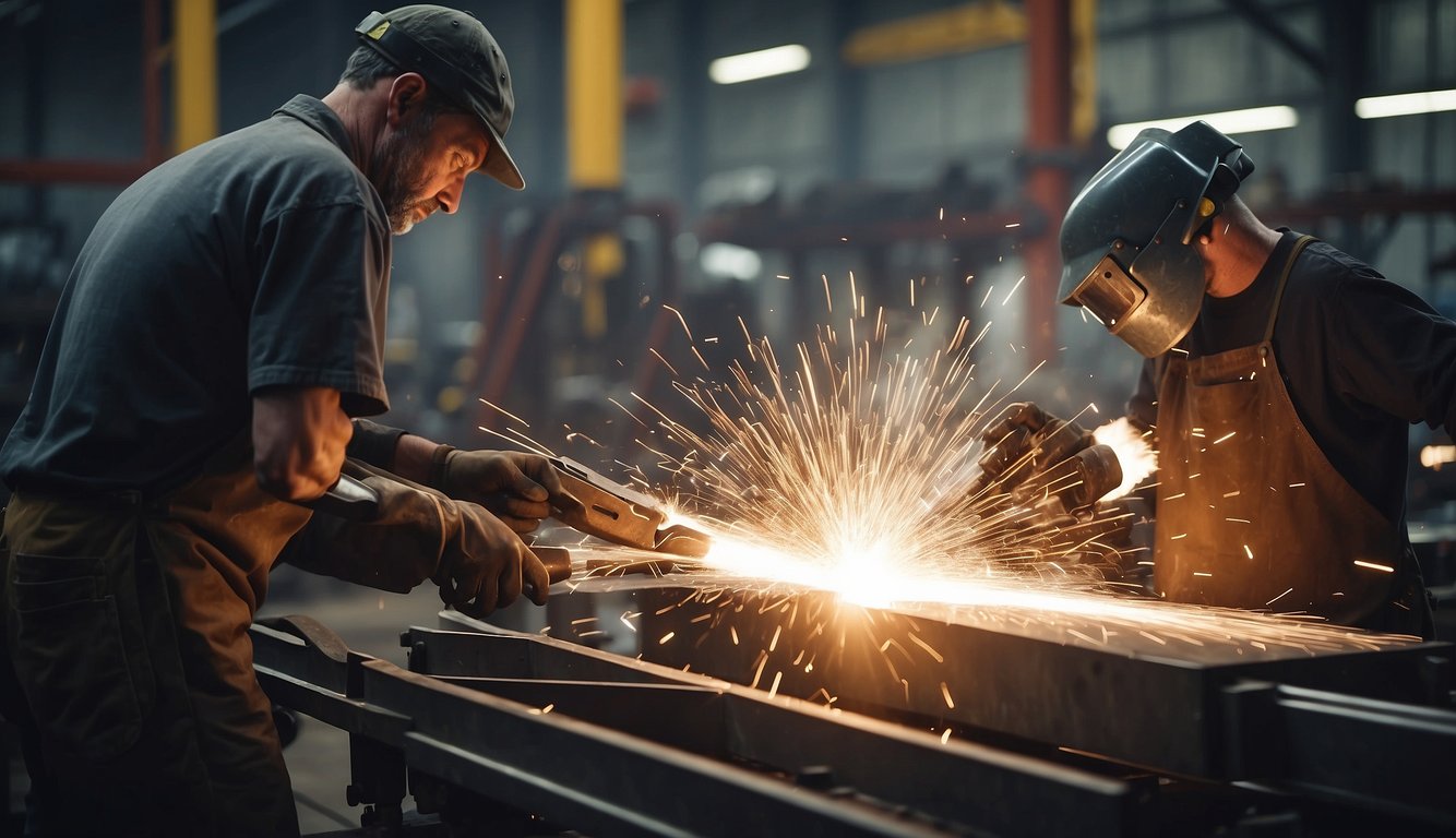A metalworker shaping steel beams in a busy workshop, surrounded by welding equipment and industrial machinery
