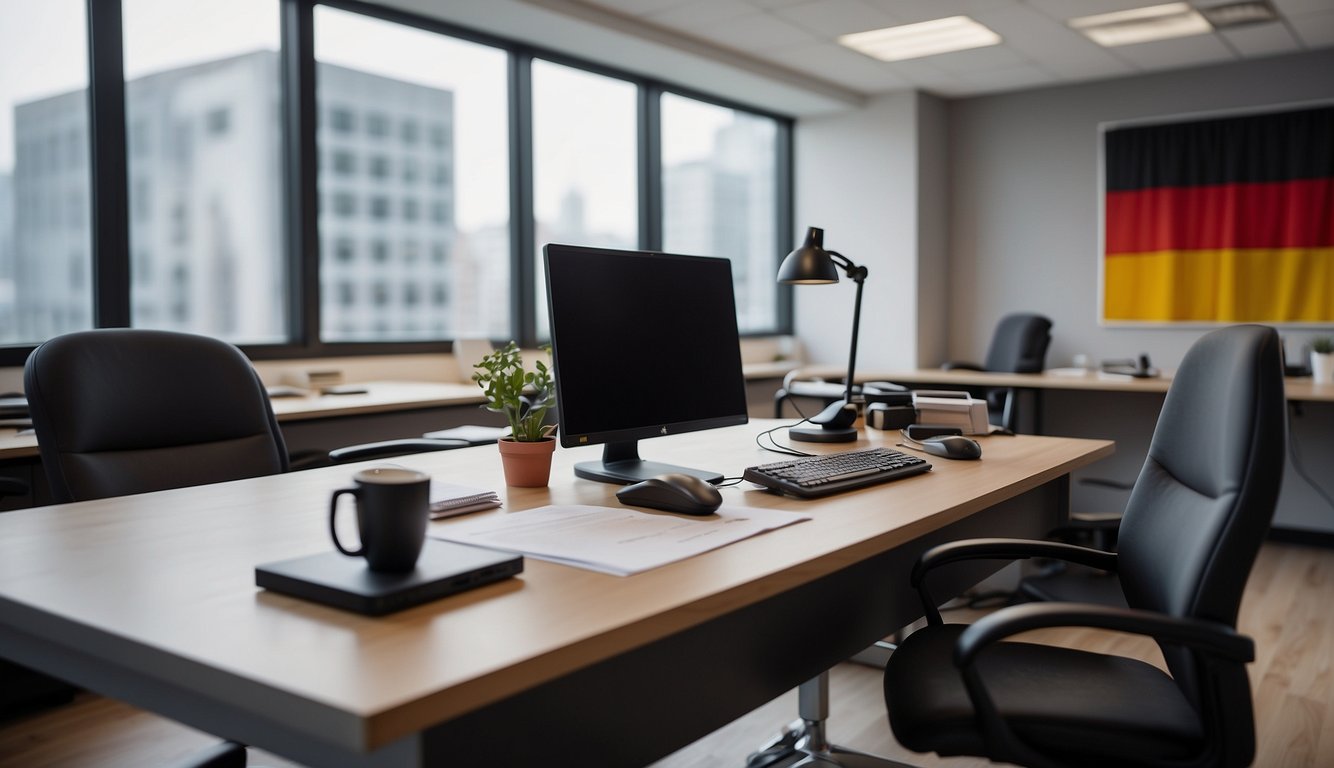 An office desk with a computer, phone, and paperwork. A German flag on the wall. A professional setting with a focus on business