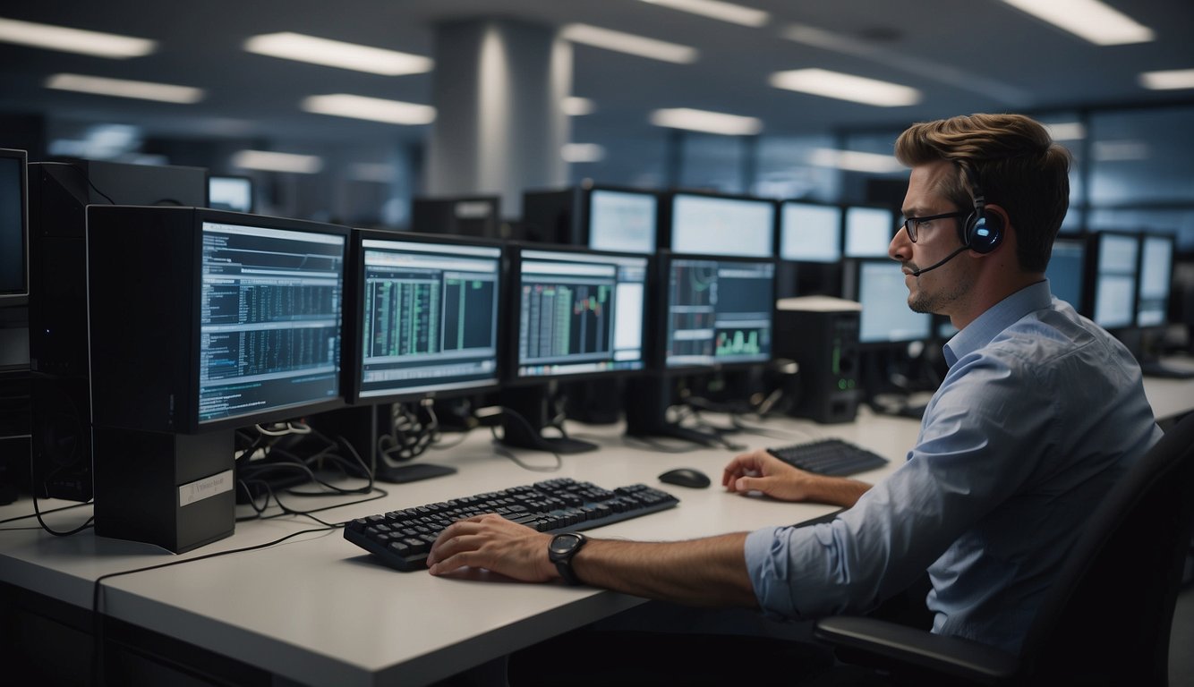 An office setting with computer equipment, servers, and networking devices. A person working at a desk configuring systems and troubleshooting issues