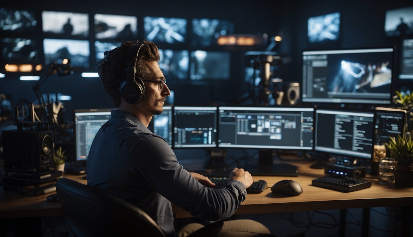 A video editor sits at a computer, surrounded by screens and editing equipment. The room is filled with natural light, and the editor is focused on their work