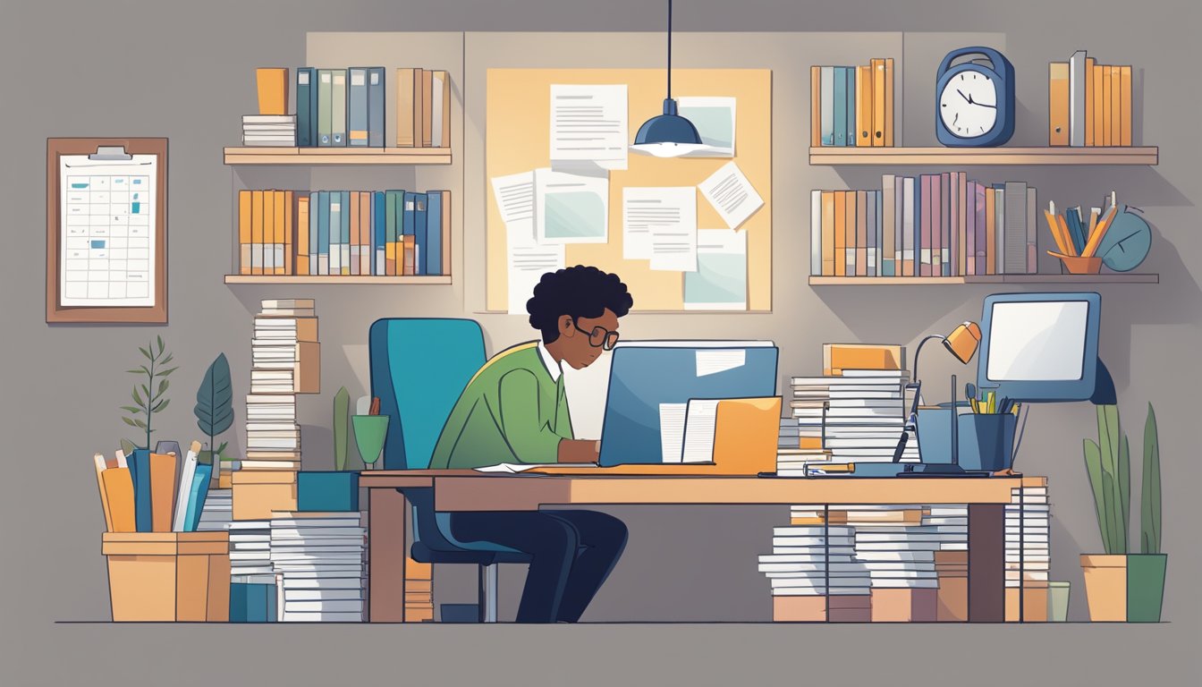 A social worker at a desk, surrounded by paperwork and a computer. A phone rings and a calendar with appointments is visible on the wall