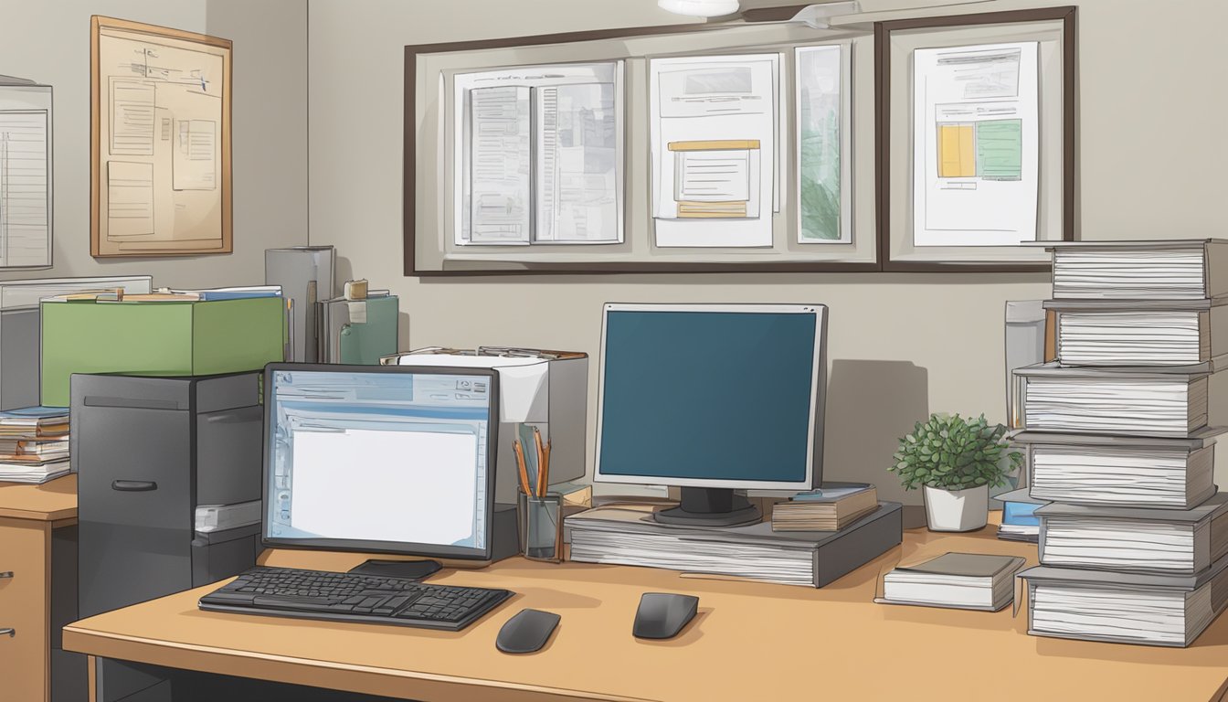 An office desk with a computer, files, and a diploma on the wall. A person's nameplate reads "Sozialarbeiter."