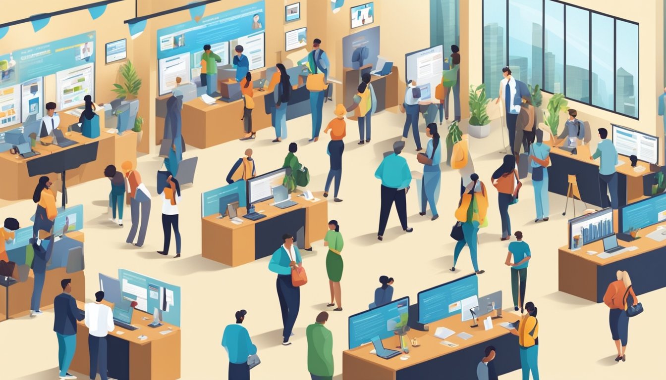 A bustling job fair with diverse employers and job seekers in the social work field. Various booths and banners display job opportunities in social work