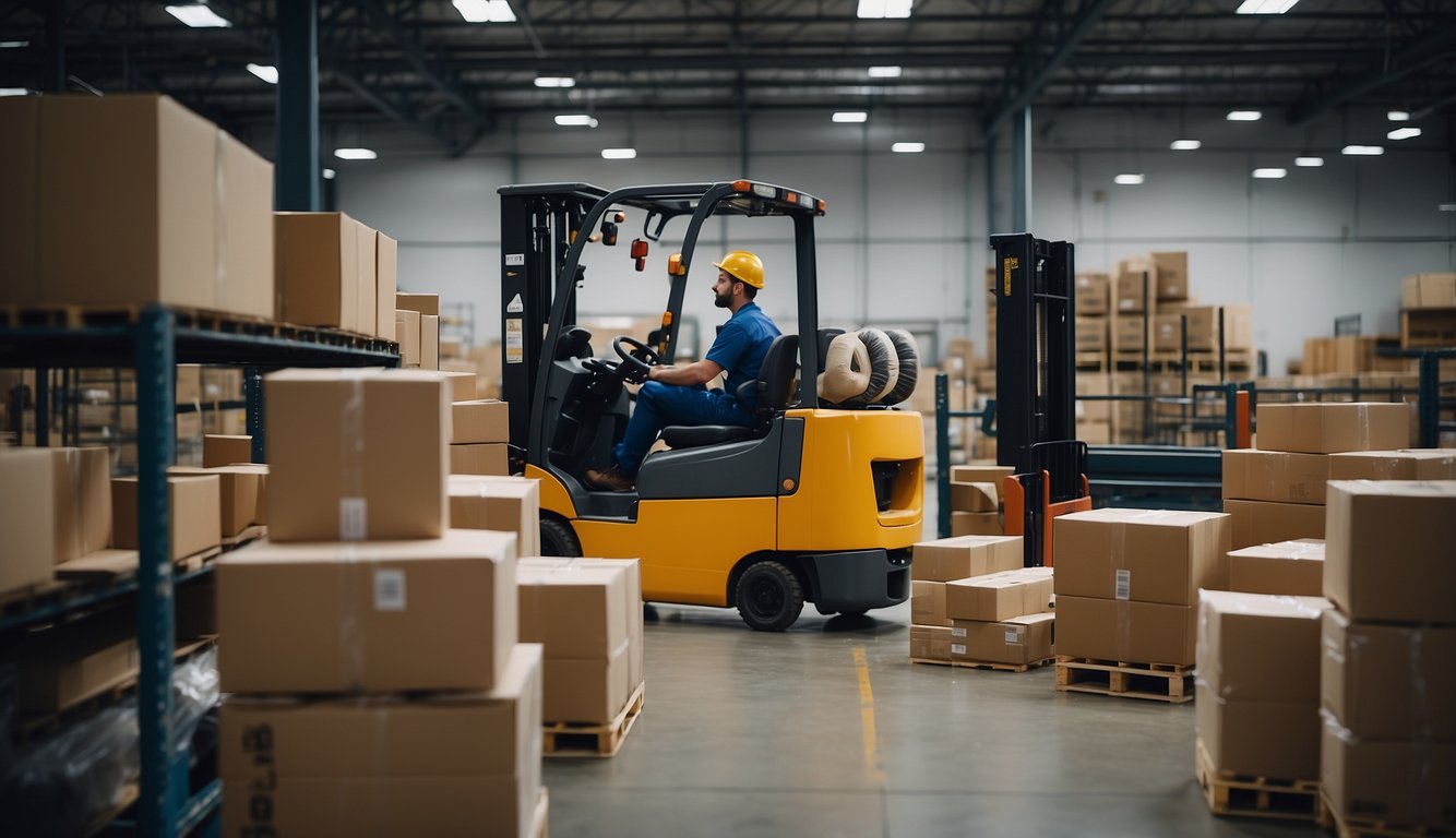 A bustling warehouse with shelves of products, forklifts moving goods, and a team of workers coordinating shipments in a modern office setting