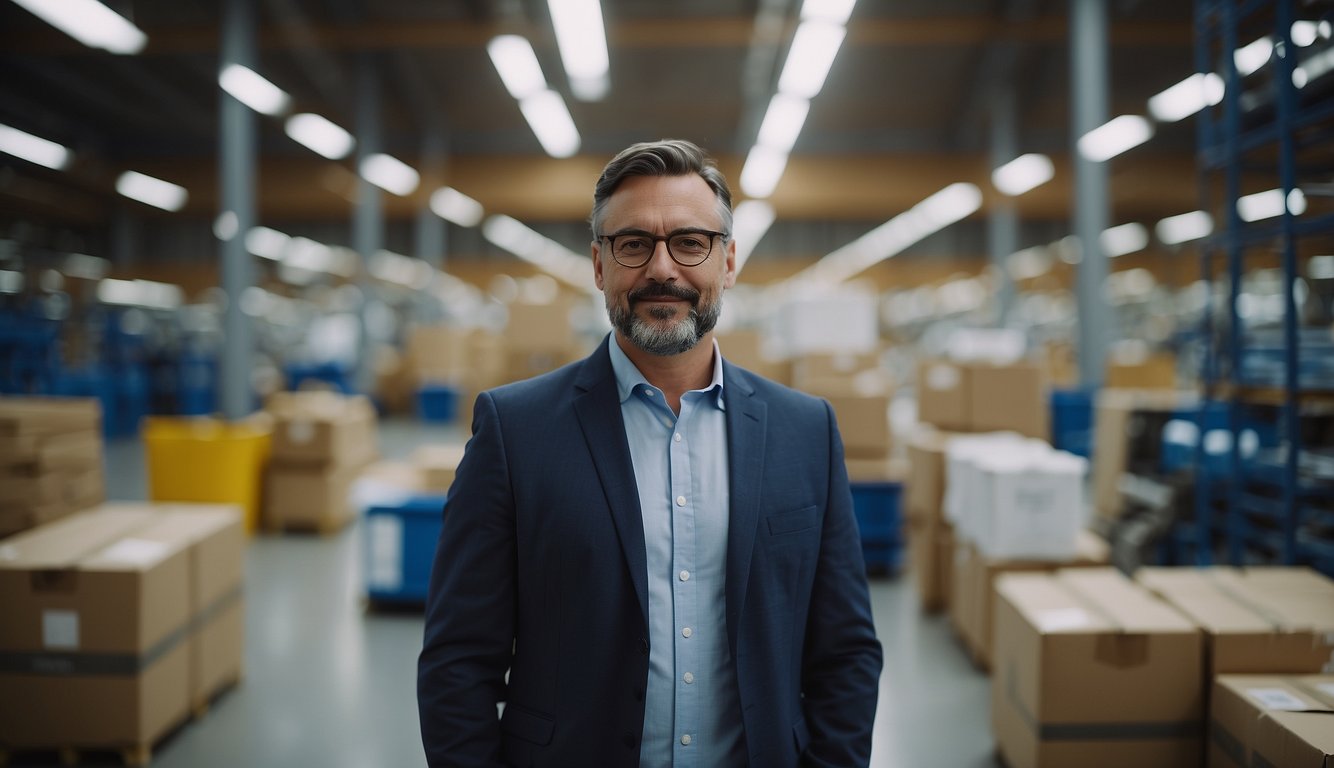 A supply chain manager overseeing operations in a German warehouse, coordinating logistics and inventory management