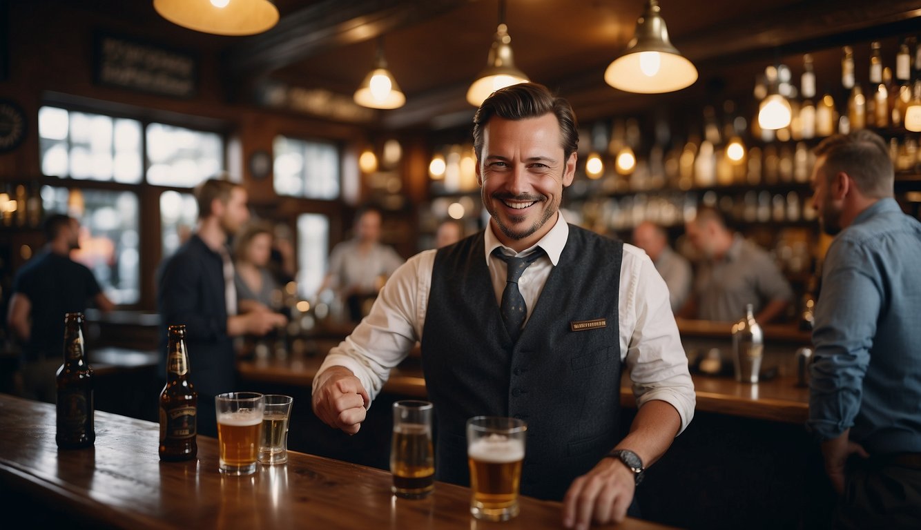 A barkeeper pours drinks in a busy German pub, surrounded by beer taps, glasses, and patrons chatting and laughing
