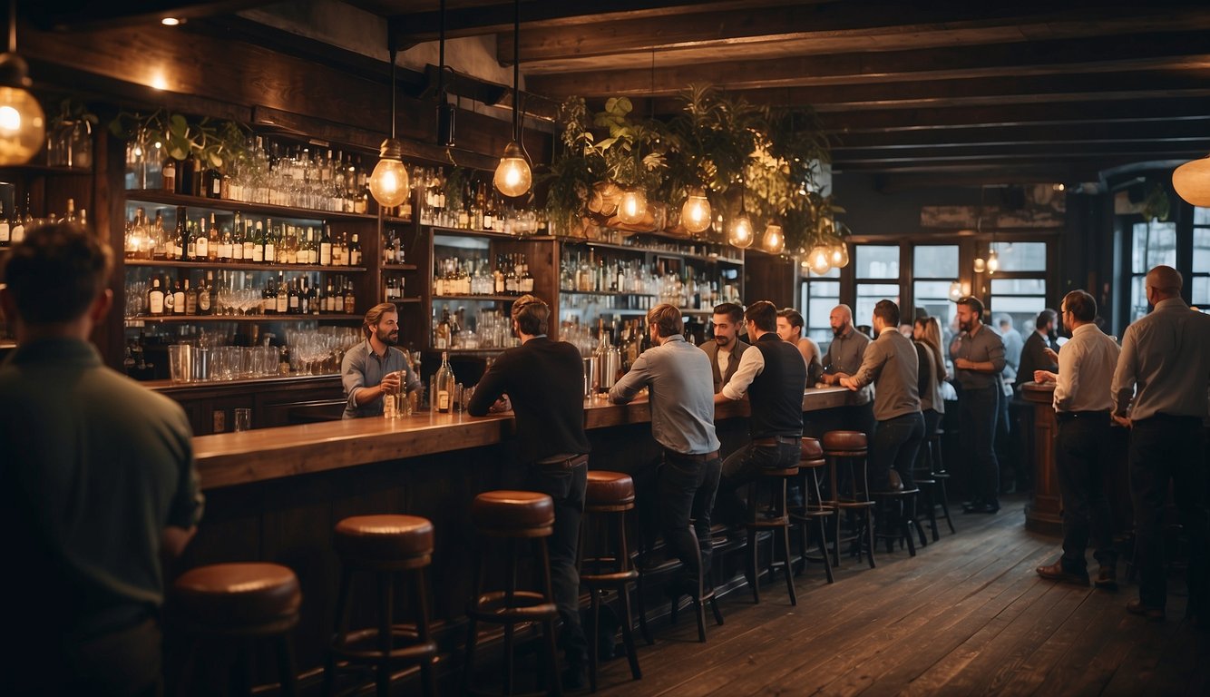 A bustling German bar with patrons and bartenders serving drinks
