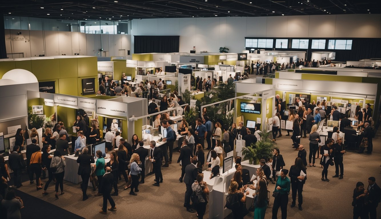 A bustling job fair with booths, banners, and networking professionals