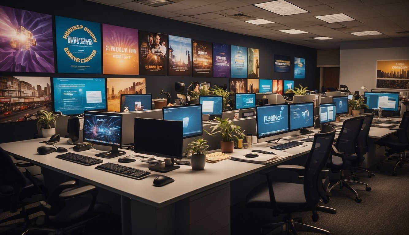 A busy event planning office with desks, computers, and a wall of event posters. People are talking and working on laptops