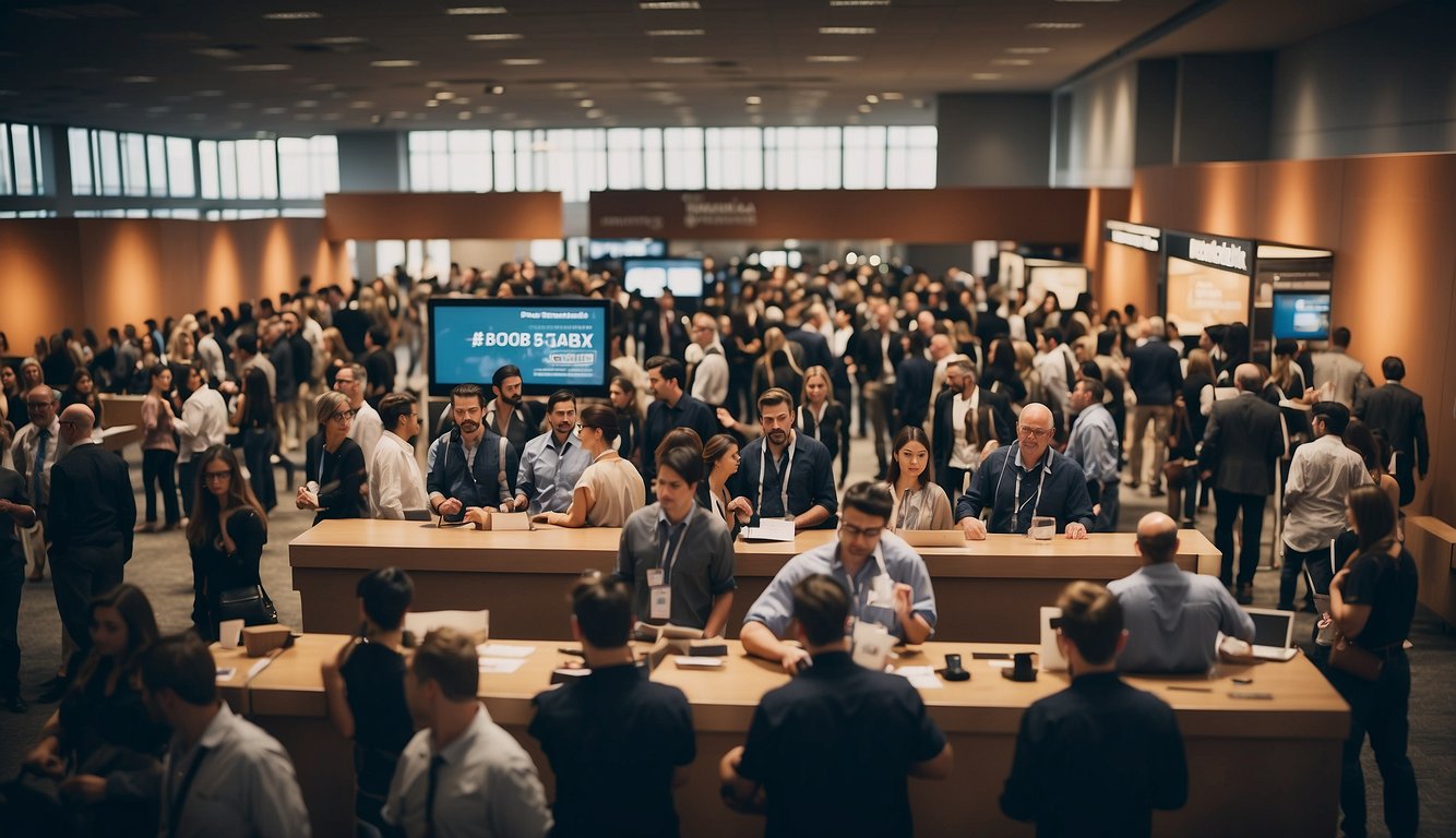 A bustling job fair with event management booths and eager job seekers
