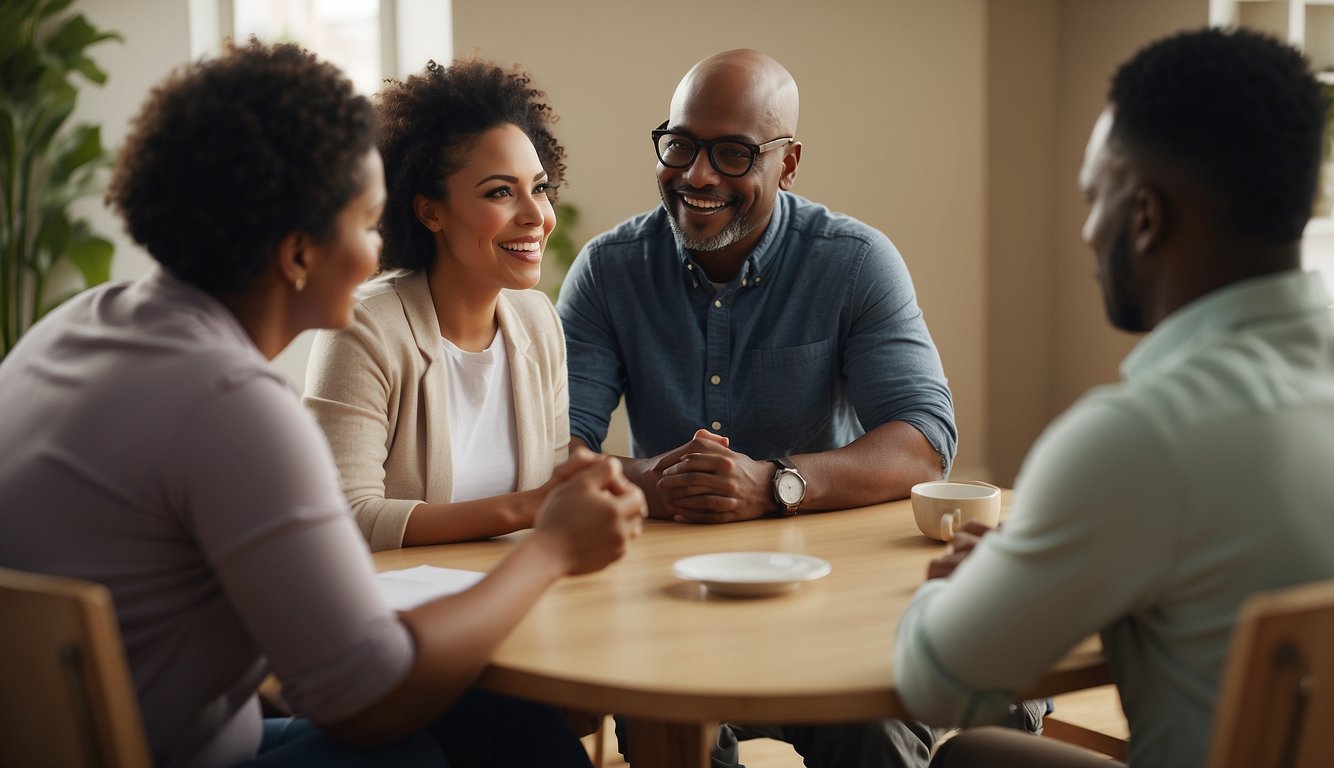 A social worker interacts with diverse clients in a welcoming, inclusive environment