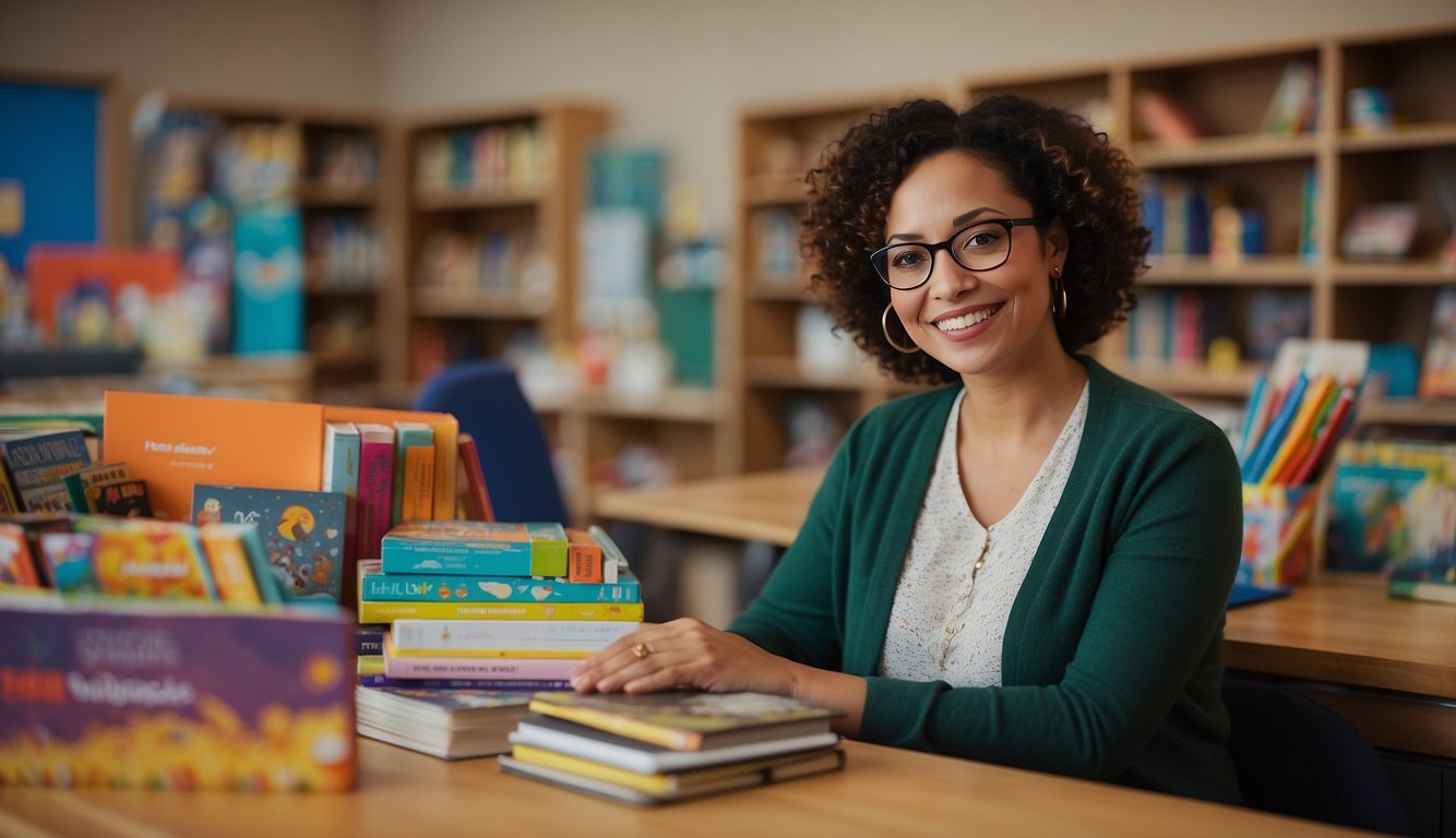 A social pedagogue sitting at a desk, surrounded by children's books, art supplies, and educational materials. A warm, inviting atmosphere with colorful décor and comfortable seating