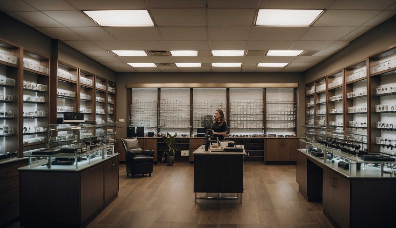 A busy optometry office with shelves of glasses, eye exam equipment, and a customer trying on frames
