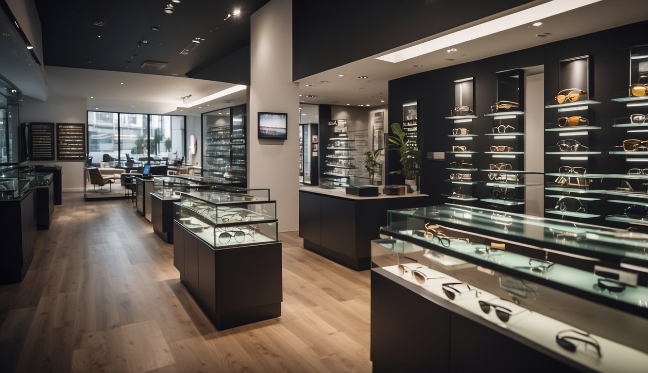 An optician's shop with various glasses displays, a reception desk, and customers trying on different frames