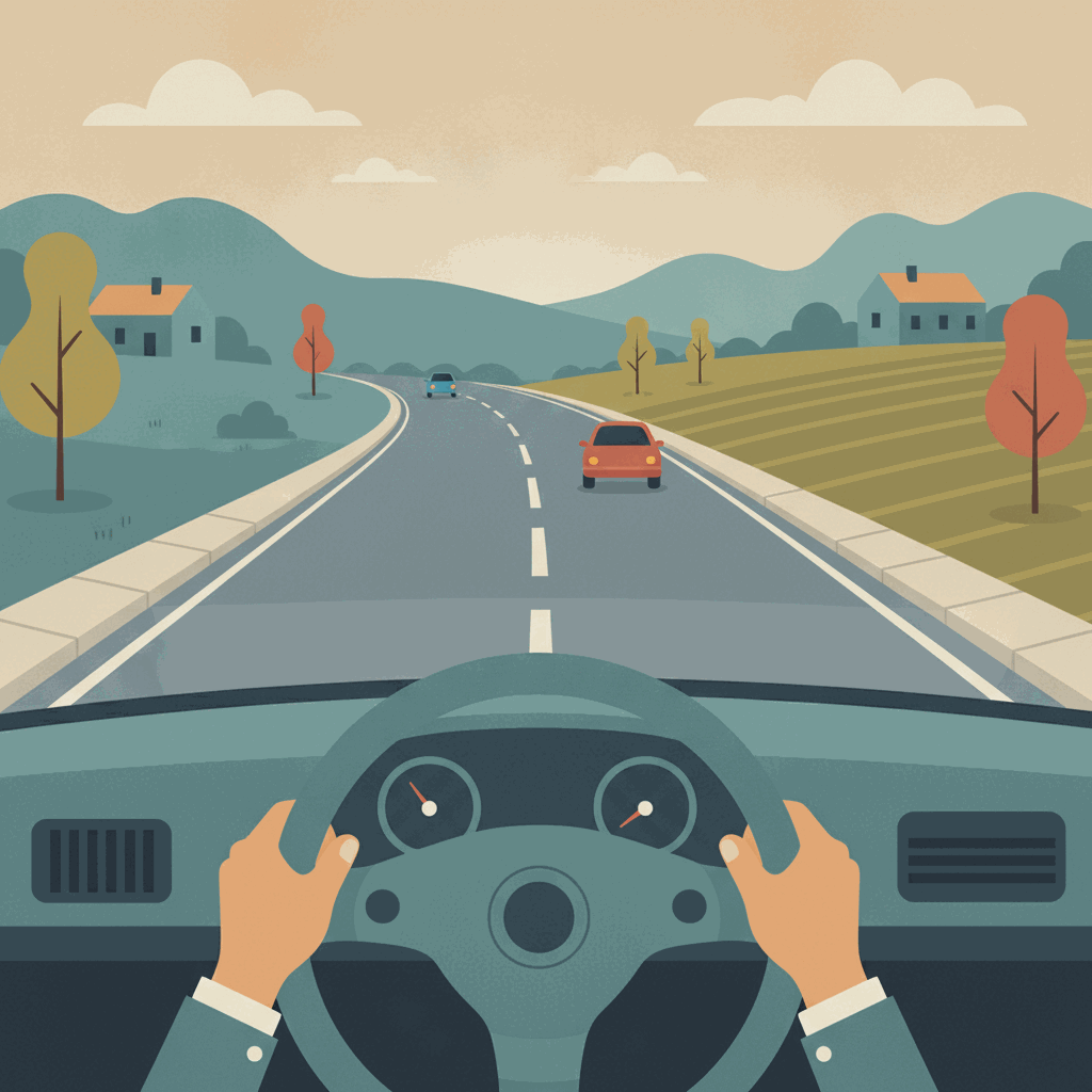 A stylised sequence above a car showing three steps in order — a rear-view mirror, an indicator arrow, then a car turning — representing the Mirror-Signal-Manoeuvre routine.