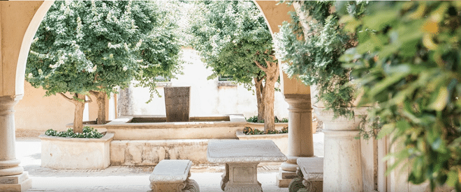 Avianto wedding venue outdoor area with arches and green trees