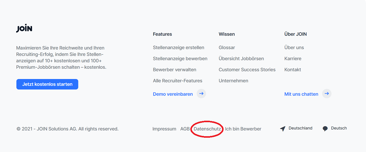 bildschirmfotografie von link zu datenschutzerklaerung in footer
