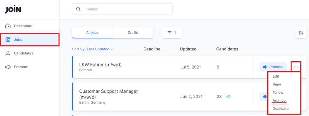 screenshot showing how to archive jobs