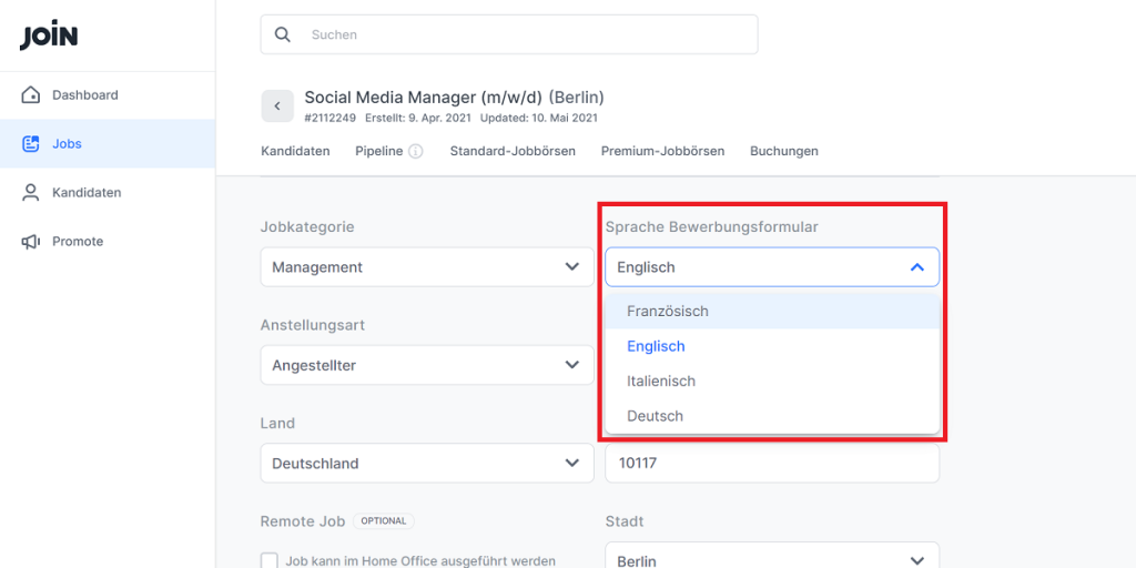 Screenshot zur Anpassung Sprache des Bewerbungsformulars