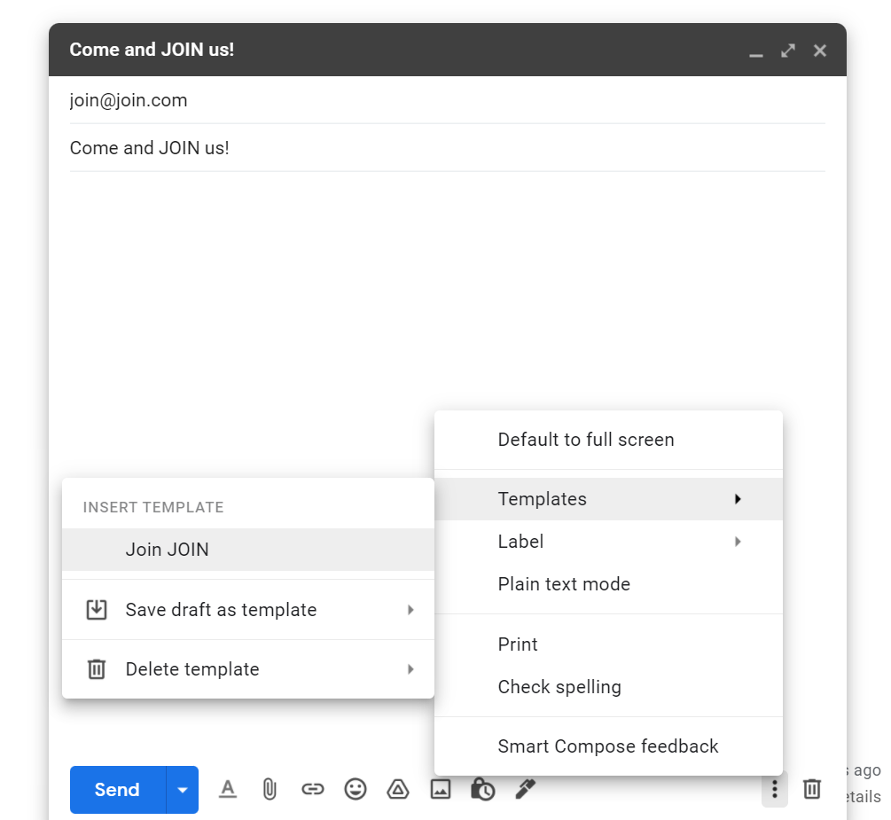 Screenshot of a composed email with the menu open indicating how to insert a template as a great email efficiency tip