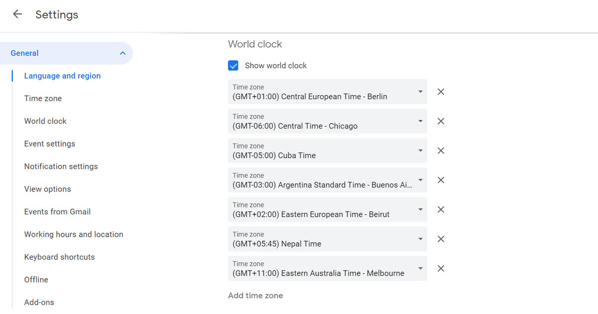 Screenshot showing how to set different time zones in Google Calendar to help with organizing calendar.