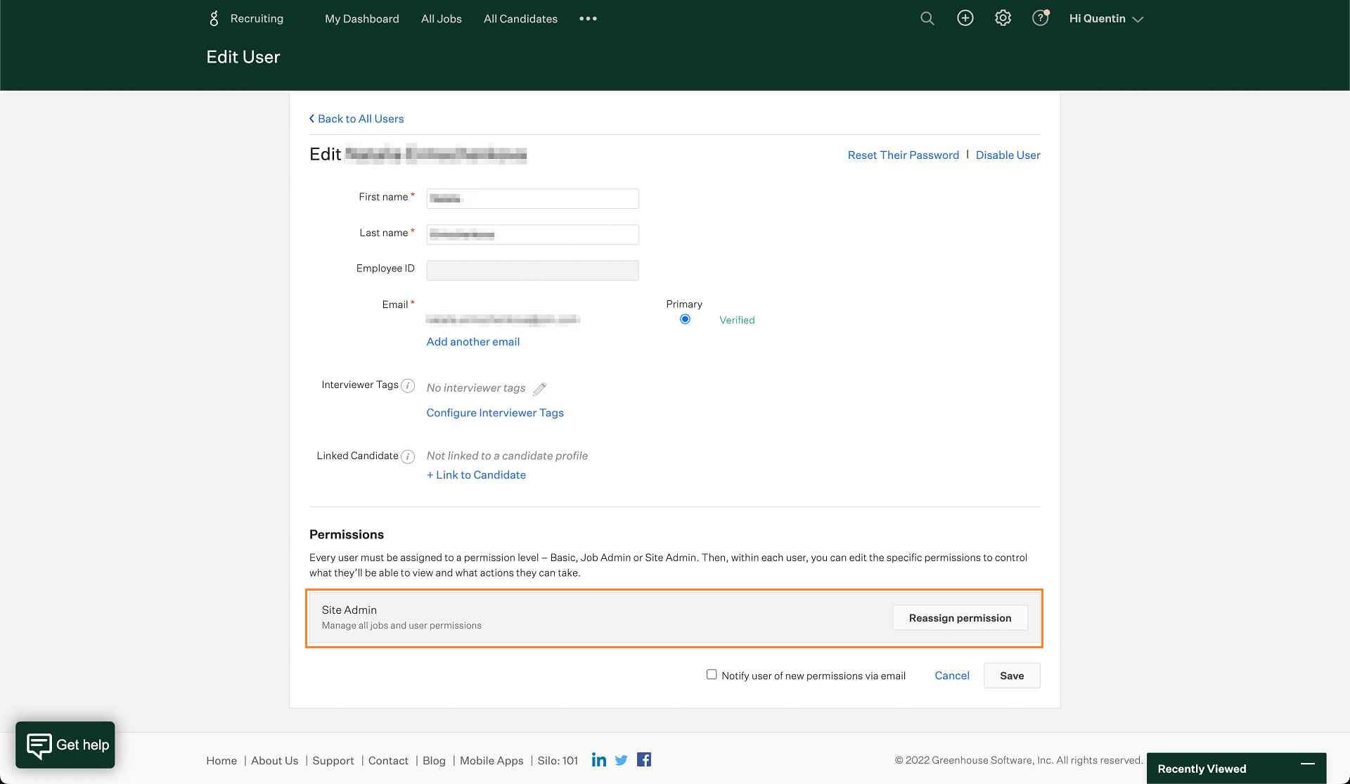 Greenhouse Screenshot showing how to check user rights