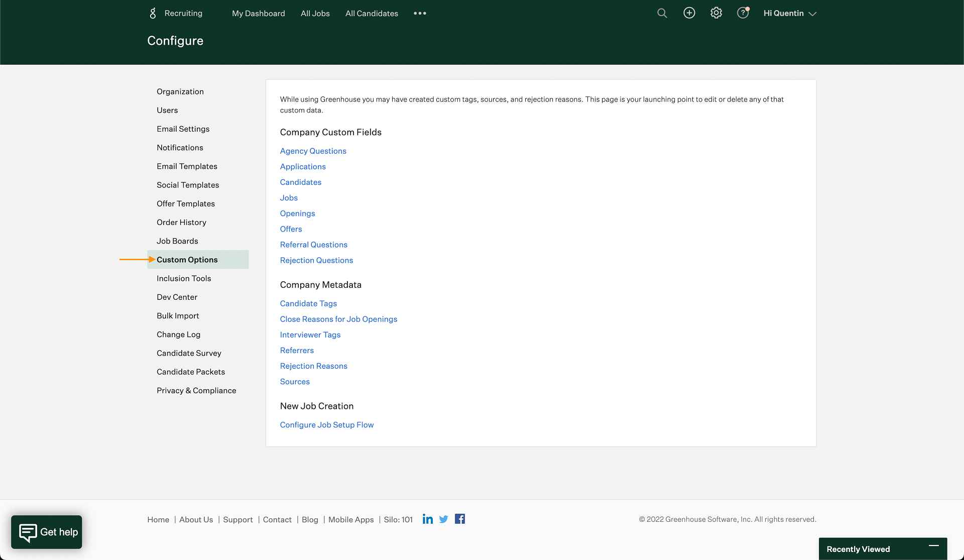 Greenhouse Screenshot showing how to navigate to custom field options