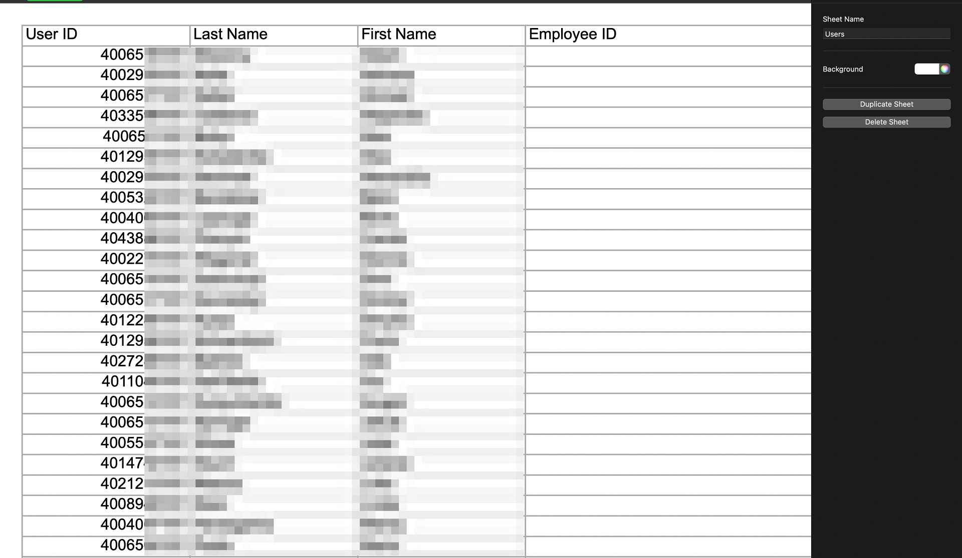 Spreadsheet Screenshot showing where to find greenhouse user id