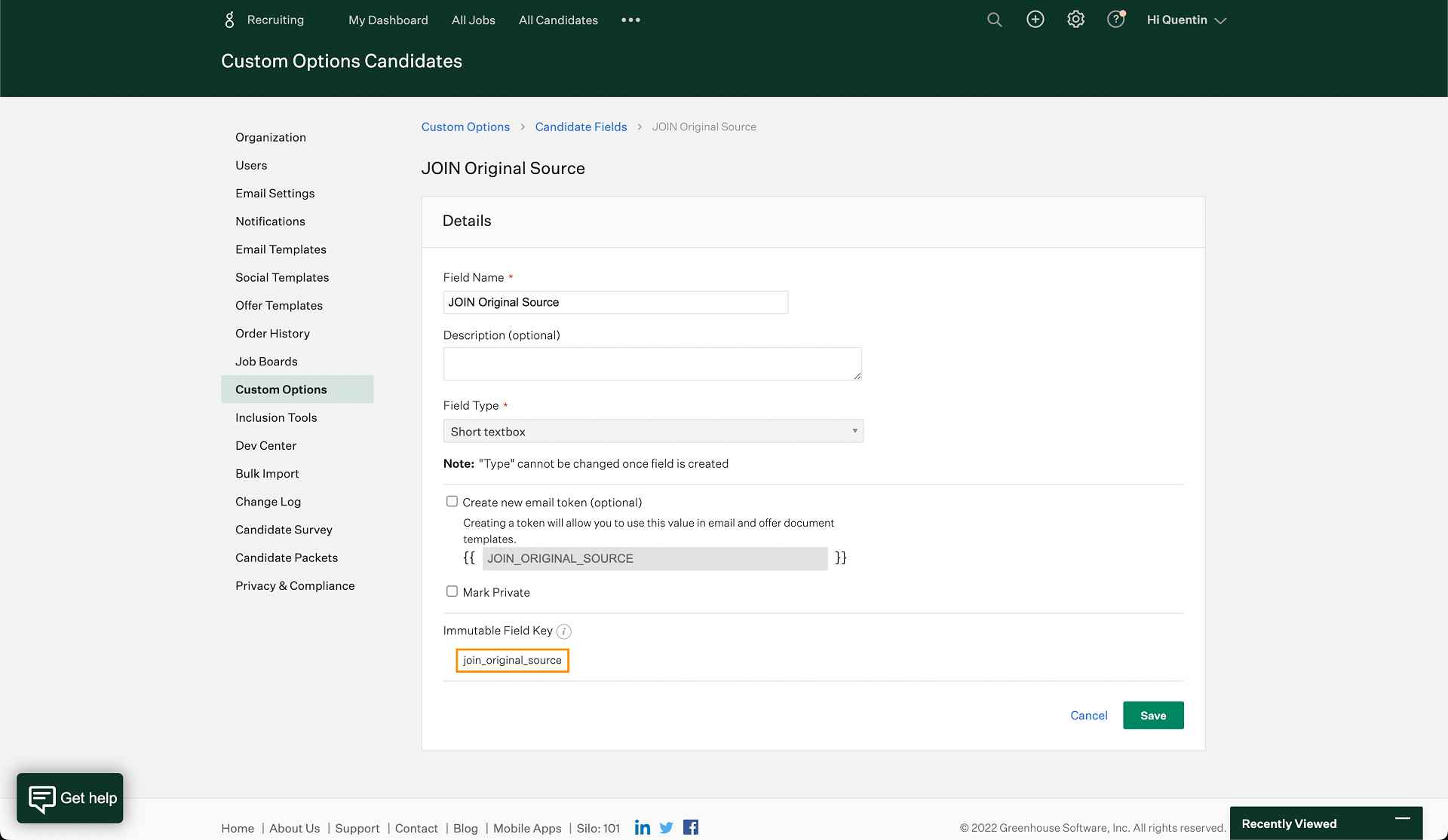 Greenhouse Screenshot showing how to copy immutable field key name