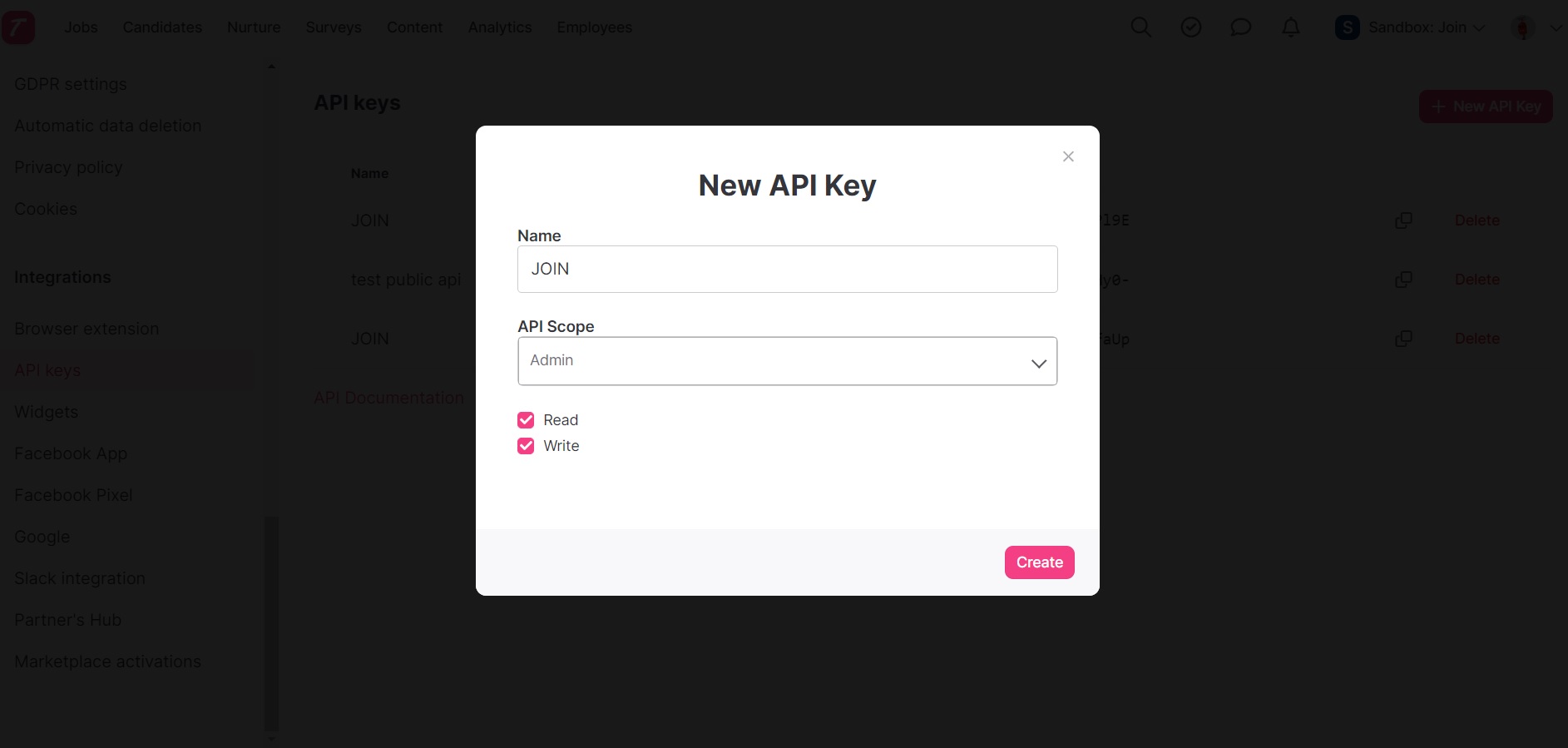 Teamtailor api key creation window