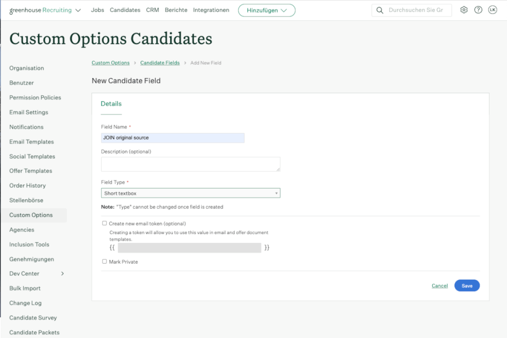 Greenhouse integrieren custom candidate field verwalten