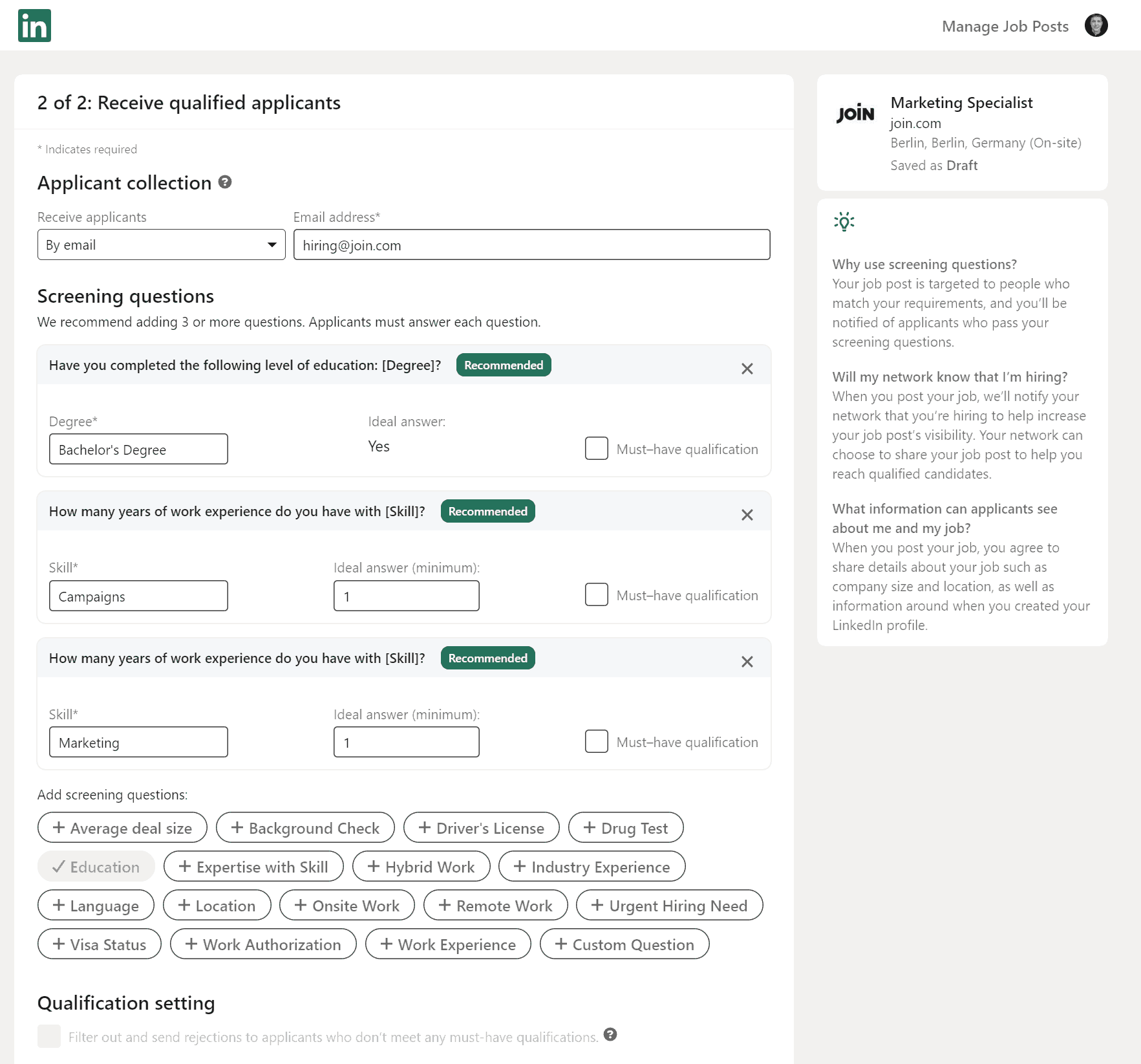 Screenshot of the LinkedIn job post editor