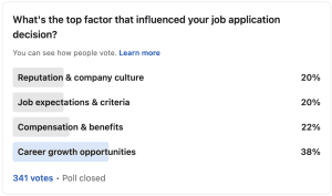 LinkedIn poll that indicates career growth opportunities to be the main factor for choosing to apply for a job