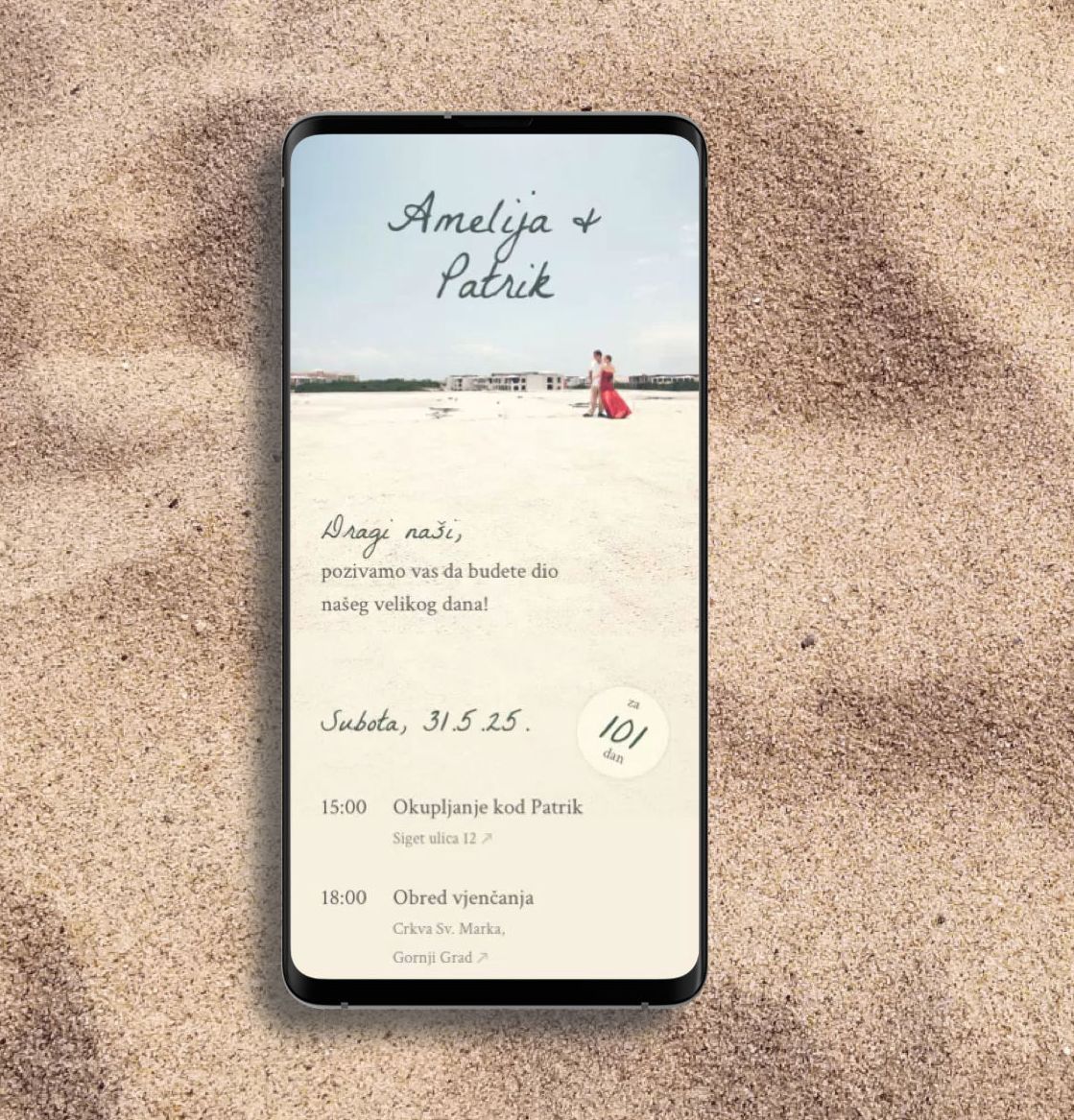 Digitalne pozivnice za vjenčanje s dizajnom Plaža, elegantne i čarobne, s glazbom i digitalnom omotnicom.