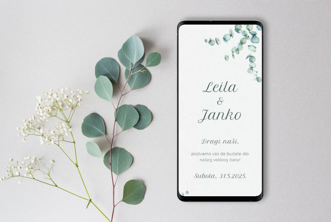 Slika prikazuje čarobne digitalne pozivnice za vjenčanje s Eukaliptus grančice dizajnom, s botaničkim motivima i glazbenim elementima, idealne za elegantne ceremonije.